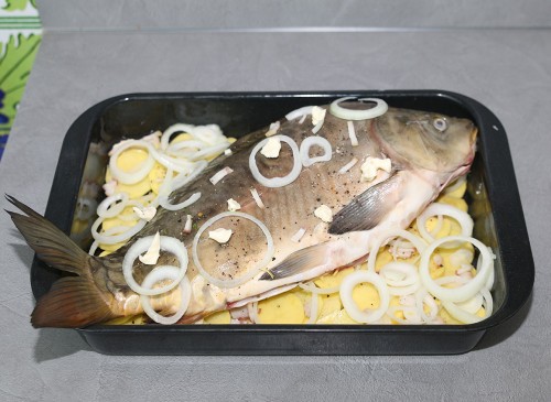Den Spiegelkarpfen in den Bräter auf die Kartoffeln legen, ggf. restliche Zwiebelringe und Speck auf dem Fisch verteilen.